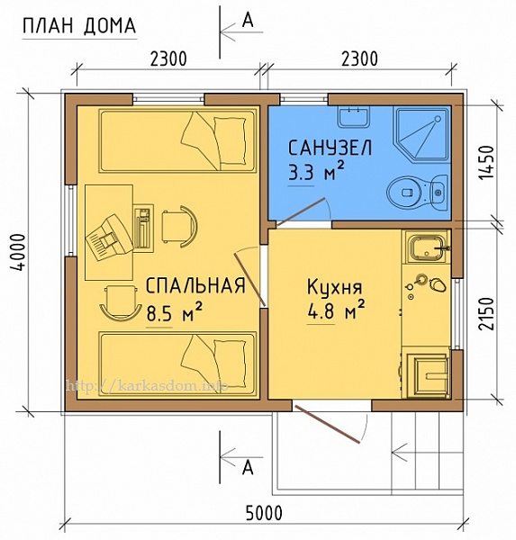 Планировка дома 6 на 4 одноэтажный с санузлом и кухней